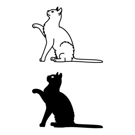 Cat Icons. Black and White Vector Illustrations. Small Predatory Mammal. Sitting Cute Cat With Raised Paw. For Coloring Book Design. Pets Conceptのイラスト素材