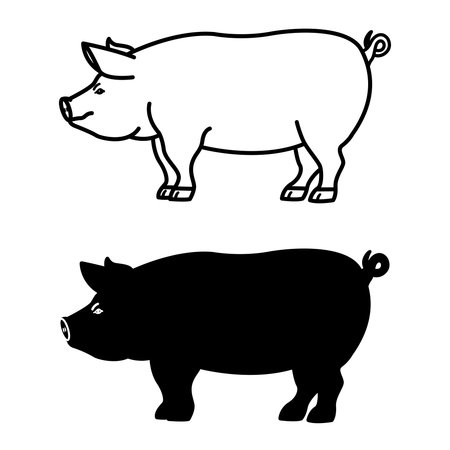 Pig Icons. Black and White Vector Illustrations. Artiodactyl Mammal. Agriculture, Farming. For Coloring Book Design. Domestic Animals Conceptのイラスト素材