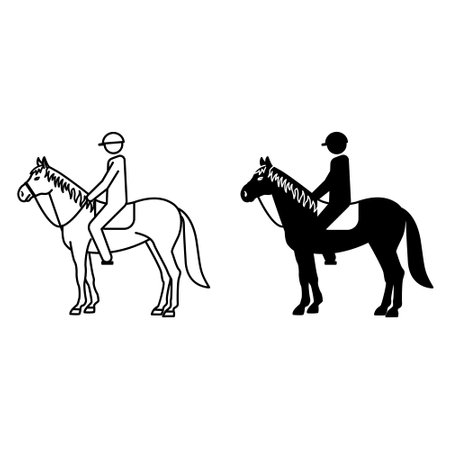 Horse Rider Icons. Black and White Vector Illustration. Racehorse with Jockey on Cross Country Trackのイラスト素材