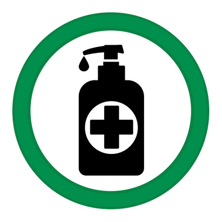 Green Sign Use Disinfectant. Vector Icon. Safety Measures, Prevention of Infectious Diseases. Protection from Coronavirus. Warning Sign About Mandatory Hand Washing. Medicine Conceptのイラスト素材