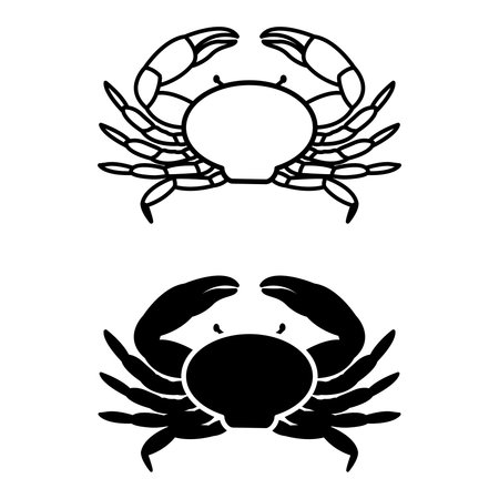 Crab Icons. Black and White Vector Illustrations. Short-Tailed Crayfish with Shell and Limbs. For Coloring Book Design. Aquatic Animals Conceptのイラスト素材