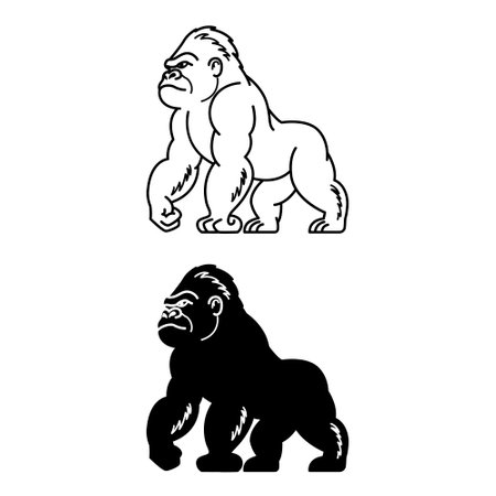 Gorilla Icons. Black and White Vector Illustration. Monkey, Large and Dangerous Primate. For Coloring Book Design. Animals Conceptのイラスト素材