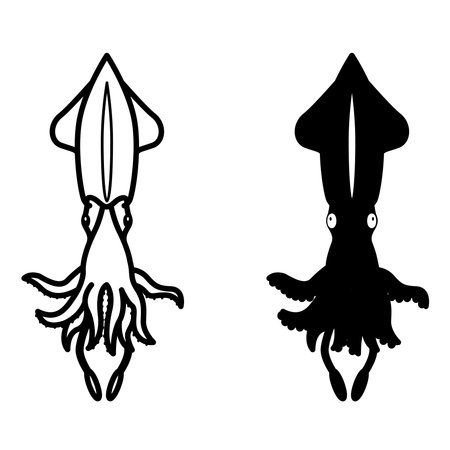 Squid Icons. Black and White Vector Illustrations. Mollusk. Squid with Tentacles and Suckers. Aquatic Animals Conceptのイラスト素材