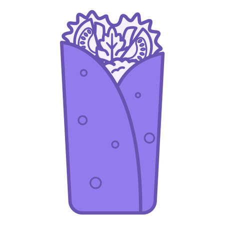Colored Burrito Icon. Vector Illustration. Wrapped Wheat Tortilla. Meat, Tomato, and Greens Filling. Tasty Food. Fast Food Conceptのイラスト素材