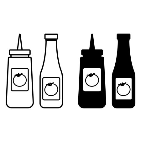 Ketchup Icons. Black and White Vector Illustrations. Tomato Sauce. Seasoning for Meat Dishes. Tasty Food. Fast Food Conceptのイラスト素材