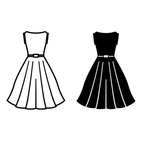 Dress Icons. Black and White Vector Icons. Women Dress with Belt, Clothing Item. Fashion Conceptのイラスト素材