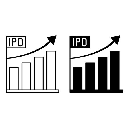 IPO Icons. Black and White Vector Illustrations. Initial Public Sale of Shares of a Joint Stock Company. Rising Chart with Up Arrow. Stock Market Conceptのイラスト素材