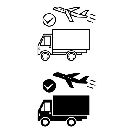 Logistics Icons. Black and White Vector Illustration. Transportation By Car And Airplane. Delivery Services. Vehiclesのイラスト素材