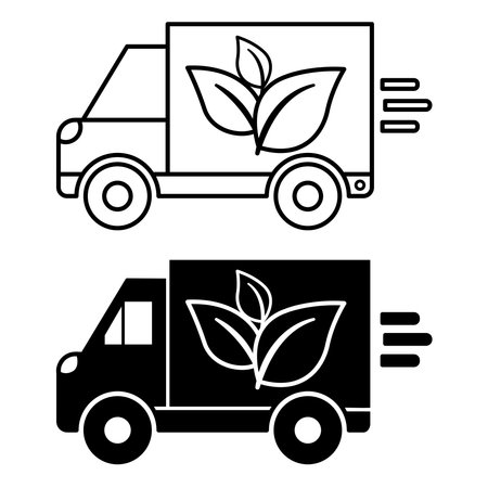 Eco Logistics Icons. Black and White Vector Illustration. Truck with Plant Leaves. Sustainable Logistics, Reducing Environmental Damage. Delivery Serviceのイラスト素材