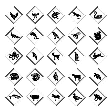 Animal Crossing Road Signs. Vector Icons Bat, Ostrich, Shark, Iguana, Swan, Peacock, Dolphin, Eagle, Bee, Squirrel, Octopus, Parrot, Goat, Penguin, Rabbit, and Othersのイラスト素材