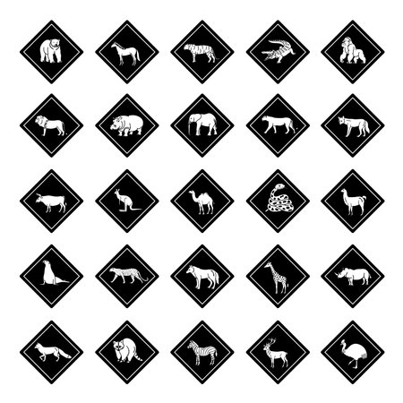 Black Road Signs Wild Animal Crossing. Vector Icons Bear, Horse, Tiger, Crocodile, Gorilla, Lion, Hippopotamus, Elephant, Panther, Coyote, Bull, Kangaroo, Camel, Snake, Llama, and Othersのイラスト素材