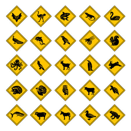 Yellow Road Signs Animal Crossing. Vector Icons Bat, Ostrich, Shark, Iguana, Swan, Peacock, Dolphin, Eagle, Bee, Squirrel, Octopus, Parrot, Goat, Penguin, Rabbit, and Othersのイラスト素材