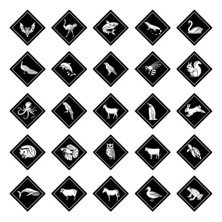 Black Animal Crossing Road Signs. Vector Icons Bat, Ostrich, Shark, Iguana, Swan, Peacock, Dolphin, Eagle, Bee, Squirrel, Octopus, Parrot, Goat, Penguin, Rabbit, and Othersのイラスト素材