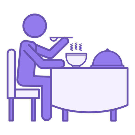 Colored Eating Icon. Vector Icon. Man Eating Hot Soup With Spoon. Customer In Public Catering Establishment. Ready Meal On Table And Man Sitting On Chair. Restaurant Conceptのイラスト素材