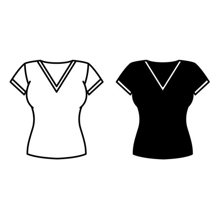 Women Shirt Icons. Black and White Vector Designs. Wardrobe Element With Short Sleeves. Clothing Conceptのイラスト素材