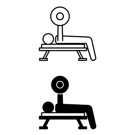 Bench Press Icons. Black and White Vector Drawings. The Athlete Holds a Barbell, Bodybuilding. Sports Equipment, Strength Training. Gym and Sport Conceptのイラスト素材