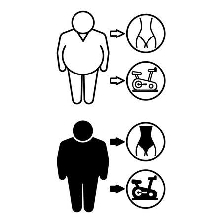 Motivation Icons. Black and White Vector Illustration. Overweight Man Dreams Of Having Slim Body. Exercise Bike For Workout, Fitness. Healthy Lifestyle. Weight Loss Conceptのイラスト素材