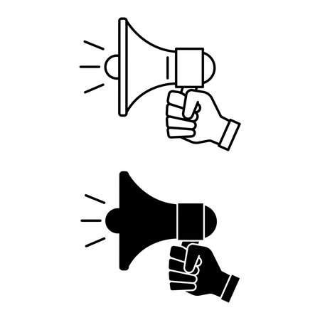 Promotion Icons. Black and White Vector Illustration. Megaphone in Human Hand. Advertising and Marketing. Concept Work and Businessのイラスト素材