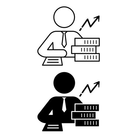 Financial Advisor Icons. Black and White Vector Illustrations. Man in Tie, Coins, and Up Arrow. Personal Finance Conceptのイラスト素材