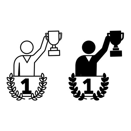Winner Icons. Black and White Vector Illustration. A Sportsman Holds a Sports Cup in his Hand. Wreath on Tribune and Number One. Sports Games, Win. Running Conceptのイラスト素材