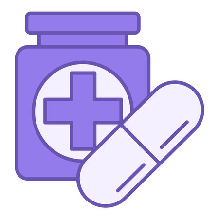 Colored Medication Icon. Vector Illustration. Pill Bottle and Capsule. Remedy for Treating Various Diseases. Mental Health Conceptのイラスト素材