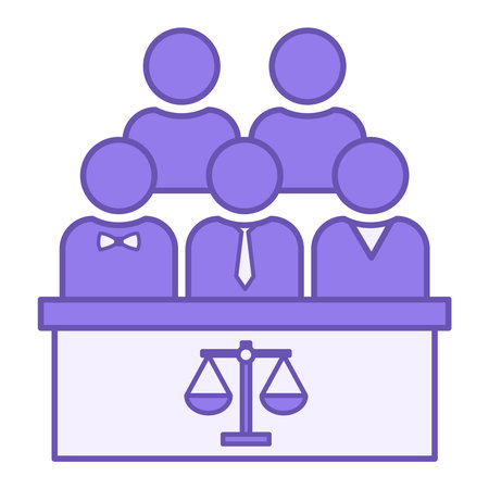Colored Jury Icon. Vector Illustration. Group of People and Scales. Ordinary Citizens, Jurors, Decide on the Guilt or Innocence of the Defendant. Justice Conceptのイラスト素材