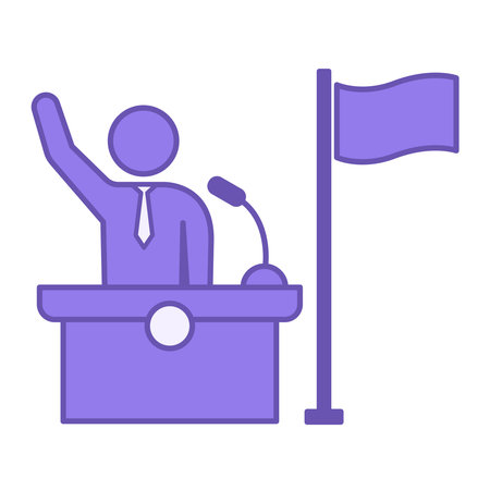 Colored President Icon. Vector Illustration. The President Waving His Hand Behind the Podium, Head of State. Flag, and Microphone. Election Conceptのイラスト素材