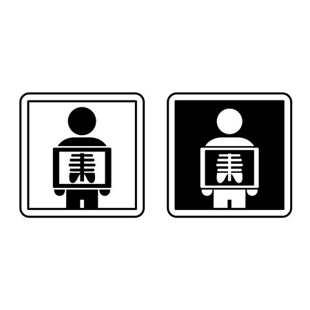 Radiology Signs. Black and White Vector Icons. Person Taking X-rays of Internal Organs. Hospital Department Signのイラスト素材