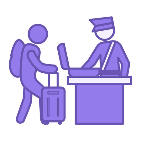 Colored Border Control Icon. Vector Illustration. Customs Officer Checking the Luggage of a Person with a Suitcase. Checking the Legality of Border Crossing, Checkpoint. Migration Conceptのイラスト素材