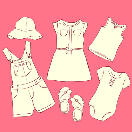 Baby clothes sketch. Wardrobe for small girl.のイラスト素材