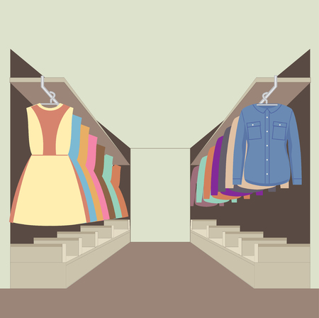 Clothes racks with dresses on hangers. Flat style vector illustration.のイラスト素材