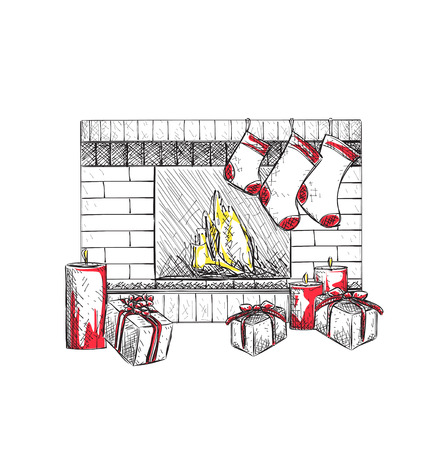 Illustration of fireplace with socks and Christmas gifts.のイラスト素材