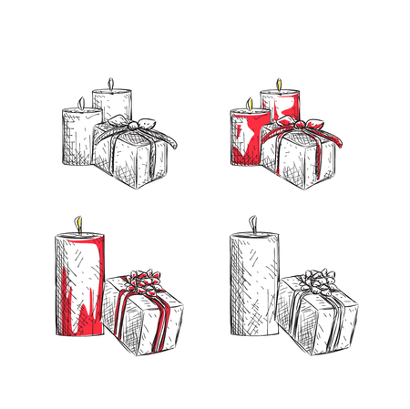 Hand drawn present. Christmas gift with candleのイラスト素材