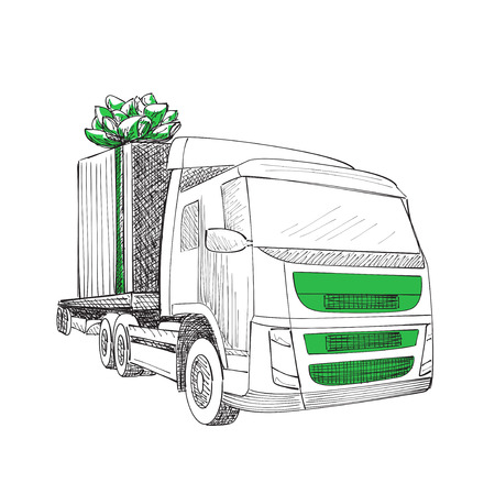 Truck van Christmas gift box bow ribbon. Delivery service van New Year greeting card.のイラスト素材