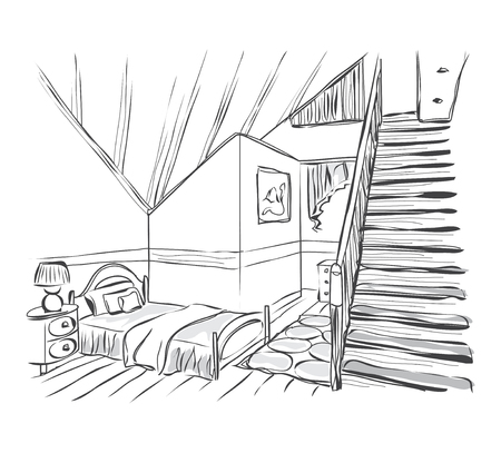 Modern interior room sketch with stairs. Baby room.のイラスト素材