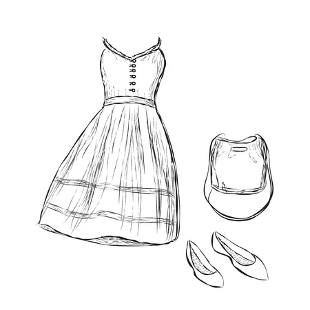 Women clothes and accessories, hand drawn doodle setのイラスト素材