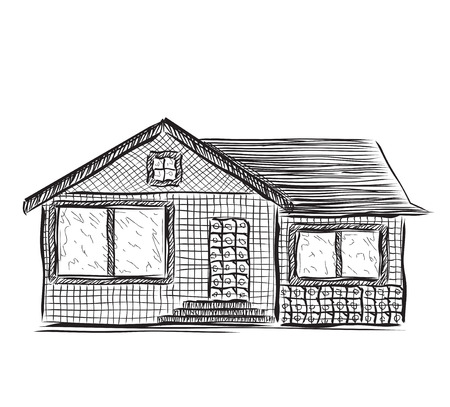 Drawing houses vector sketch. Hand drawn building.のイラスト素材