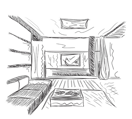 Interior outline sketch. Architectural design. Hand drawn living room.のイラスト素材