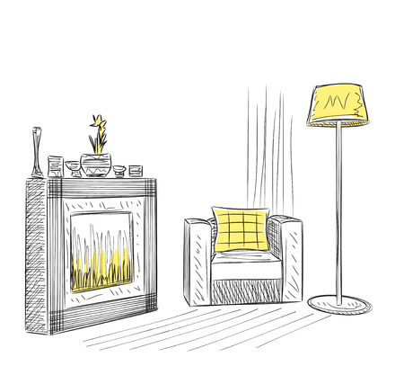 Hand drawn room interior. Reading place sketch with fireplaceのイラスト素材