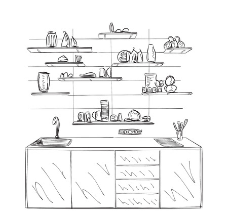 Hand drawn kitchen cupboard. Shelves in the interior.のイラスト素材