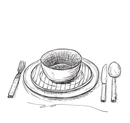 Hand drawn fork, knife and plate. Dishware sketchのイラスト素材