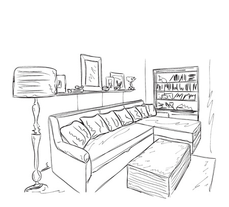 Modern interior room sketch. Hand drawn vector illustrationのイラスト素材