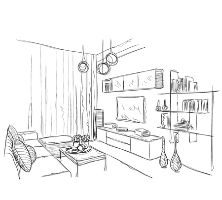 Modern interior room sketch. Hand drawn vector illustrationのイラスト素材