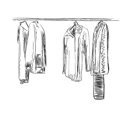 Hand drawn wardrobe sketch. Mans and womans clothesのイラスト素材