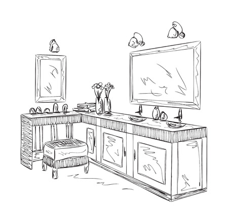 Bathroom interior elements. Hand drawn mirror and washbasin.のイラスト素材