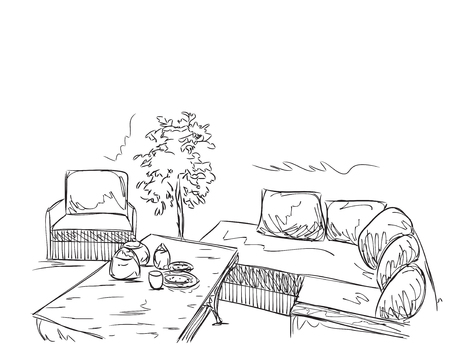 Modern interior room sketch. Hand drawn illustration.のイラスト素材