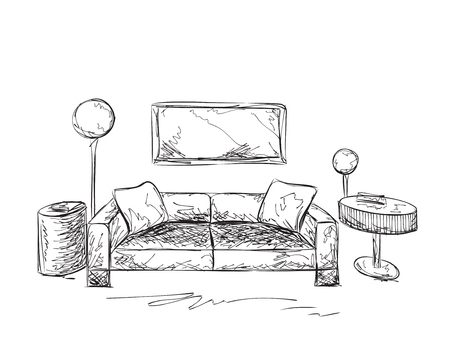 Hand drawing sofa and table. Room interior.のイラスト素材
