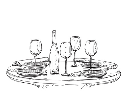 Hand Drawn dinner wares. Glasses and plate.のイラスト素材