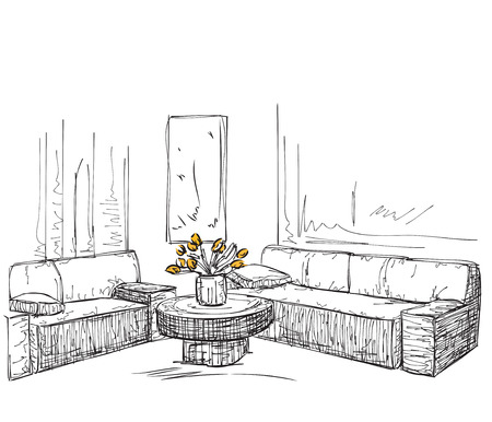 Modern interior room sketch. Hand drawn furniture.のイラスト素材