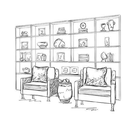 Place for reading with chair sketch. Room interior.のイラスト素材
